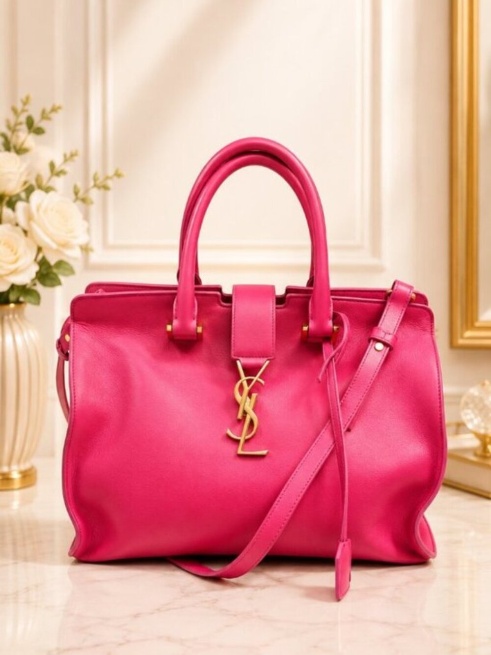 Authentic Saint Laurent YSL Cabas Chyc Pink Leather Tote Crossbody Bag